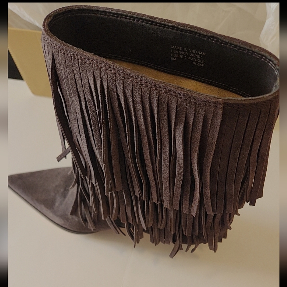 MICHAEL KORS Boots Fringed Brown Ankle Kitten Heel Suede
